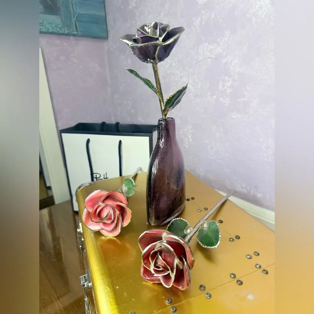 Artistic Silver Glass dipped Roses Pink Red and Purple